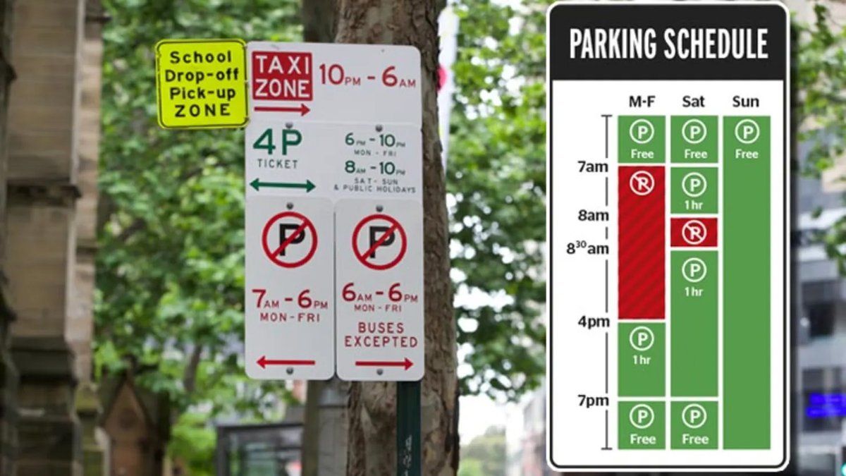 Murray_White's tweet photo. @eddy_meyer @cityofsydney That parking sign is a dog's breakfast, a complete joke &amp; arguably entrapment. I like the "time block" model (sign on right) it cuts down on the clutter as well as unfair penalties and is easy to read and understand. Shame on @cityofsydney for having this ridiculous parking sign. https://t.co/iGWgcDrigG