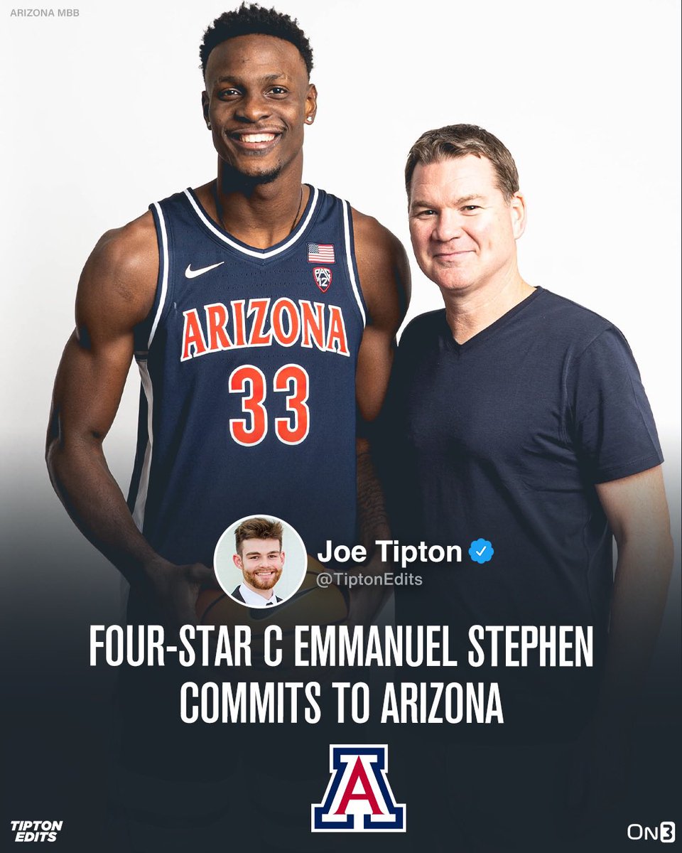 NEWS: 2024 four-star Emmanuel Stephen, a 7-foot center, tells me he’s committed to Arizona. 

Story: on3.com/college/arizon…