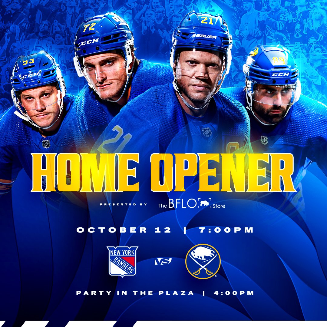 BuffaloSabres's tweet photo. Our home opener is NEXT WEEK ‼️

🔹 Blue &amp; Gold Carpet 
🔹 Party In The Plaza 
🔹 "RJ Way" Reveal
🔹 Commemorative RJ Way Sign Giveaway 

More info: https://t.co/ewK1E6PkGX https://t.co/xf3xRtRGSZ