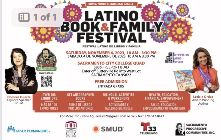 We are planning something big for Sacramento! Mark your calendars for November 4th at Sac City College. Actor Edward James Olmos and the #ILBA are hosting the first ever Sacramento Latino Book & Family Festival. Visit LBFF.us @kcranews #doloreshuerta #latinobooks