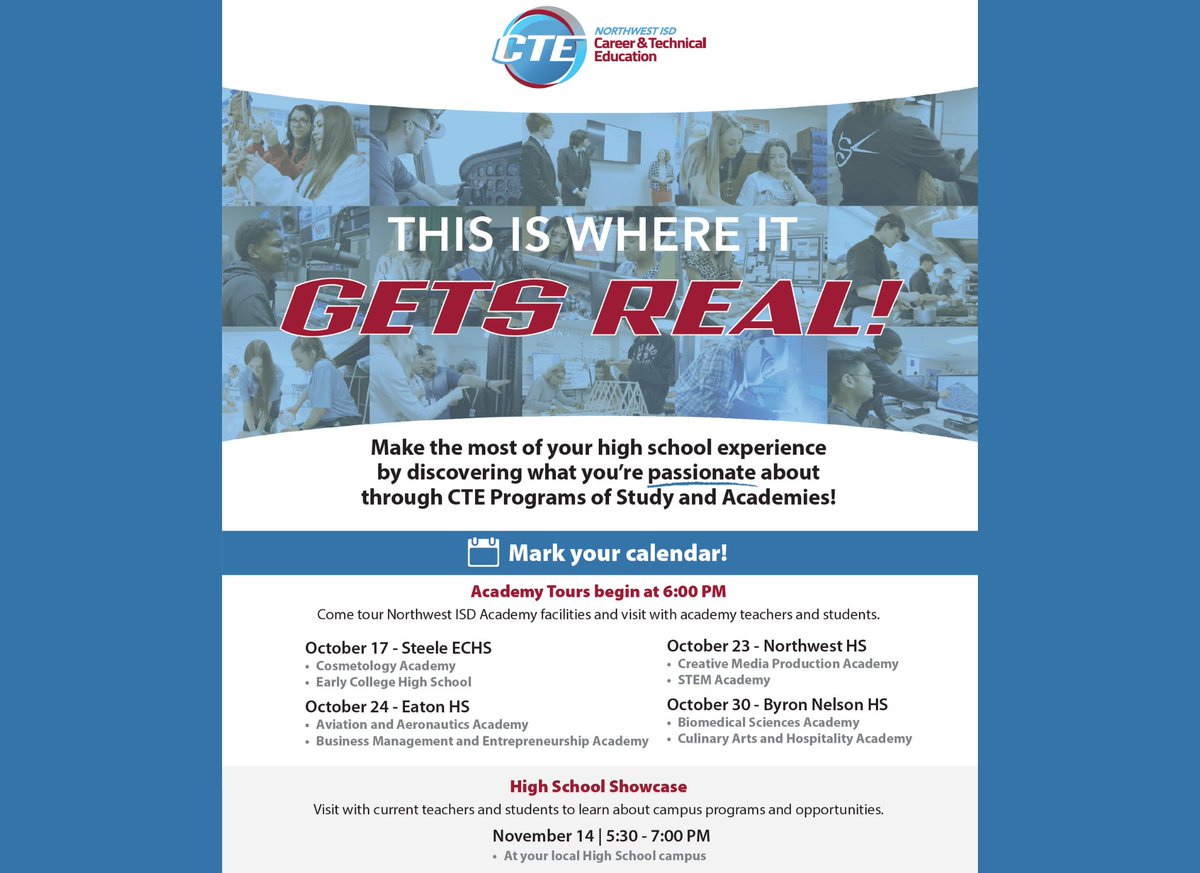 8th grade families: Look for our GET REAL flier in your mailbox this week! The mailer shares information about upcoming events to help students + families explore Career &amp; Technical Education Academies and Programs offered in high school. Learn more nisdtx.org/cte