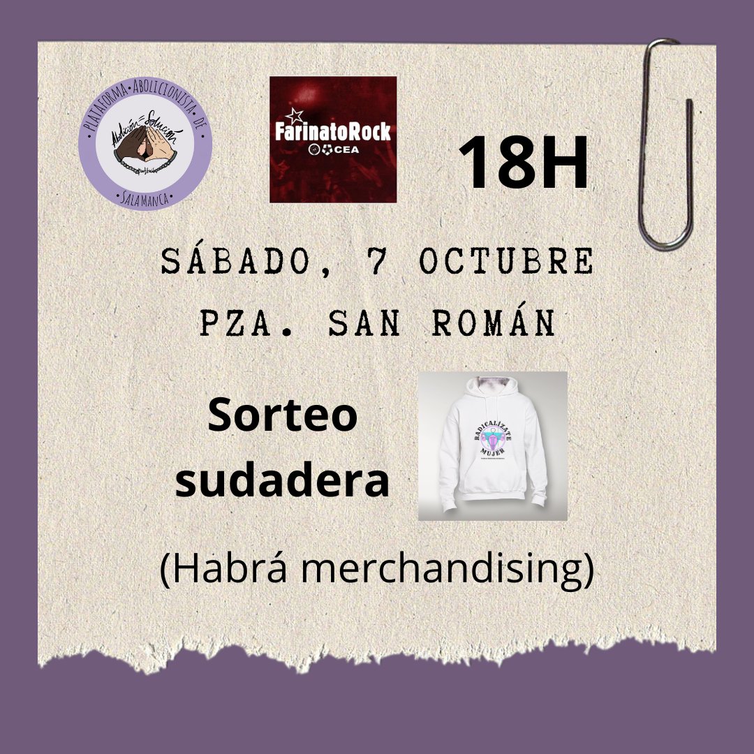 Nos vemos este sábado 7 de octubre en la plaza San Román de Salamanca. 
Realizaremos un sorteo de una sudadera y habrá merchan de la plataforma: tazas, pulseras, pegatinas, pins...
¡Ven a conocernos!
