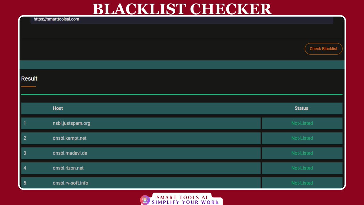 MatheenHaneef's tweet image. Is your domain flagged on blacklists? Check Your Domain&apos;s Clean Slate Status: Blacklist Checker by Smart Tools AI:
Check Now: smarttoolsai.com/blacklist-check

#SmartToolsAI #BlacklistChecker #OnlineReputation #ProtectYourDomain #EmailDeliverability #domain