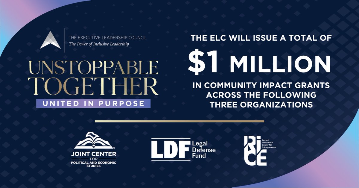 elcinfo's tweet photo. The ELC is proud to issue $1 million in Community Impact Grants across 3 organizations including @JointCenter, @NAACP_LDF, and @RiceAtlanta!
#ELCGala #ELCWeek #UnstoppableTogether https://t.co/Lof48jux3E
