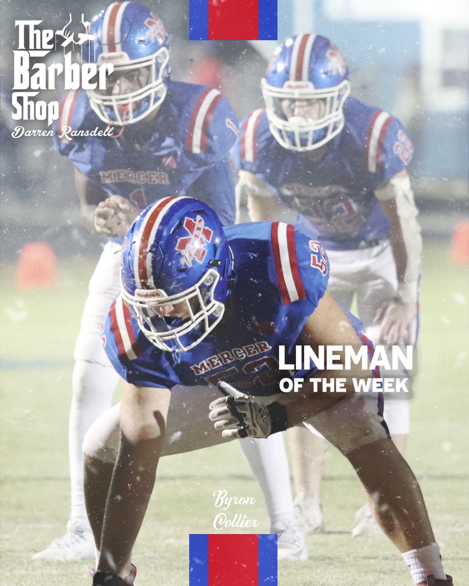 mercer_football's tweet photo. The Barbershop Lineman of the game is Byron Collier. 

Byron helped lead the way as the Titans rushed for 140 yards and three touchdowns on the ground. 

#WorkWins🗡 https://t.co/rjXsWzJUqn