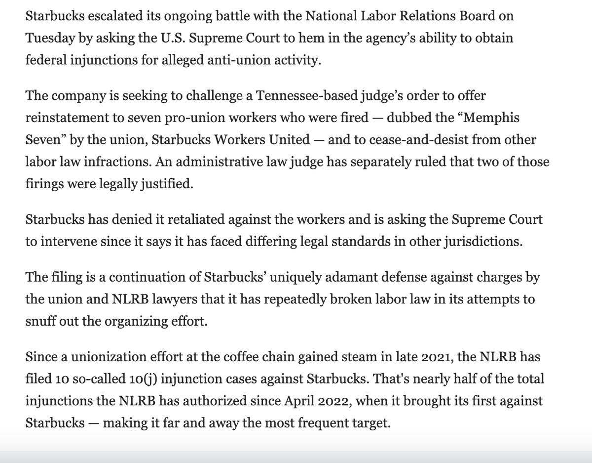 Starbucks takes its union-busting campaign to the Supreme Court, asking it to overturn a Tennessee-based NLRB judge's ruling that Starbucks must reinstate seven baristas--the Memphis Seven--whom the judge said Starbucks had illegally fired because they were pro-union
<a href="/POLITICOPro/">POLITICO Pro</a>
