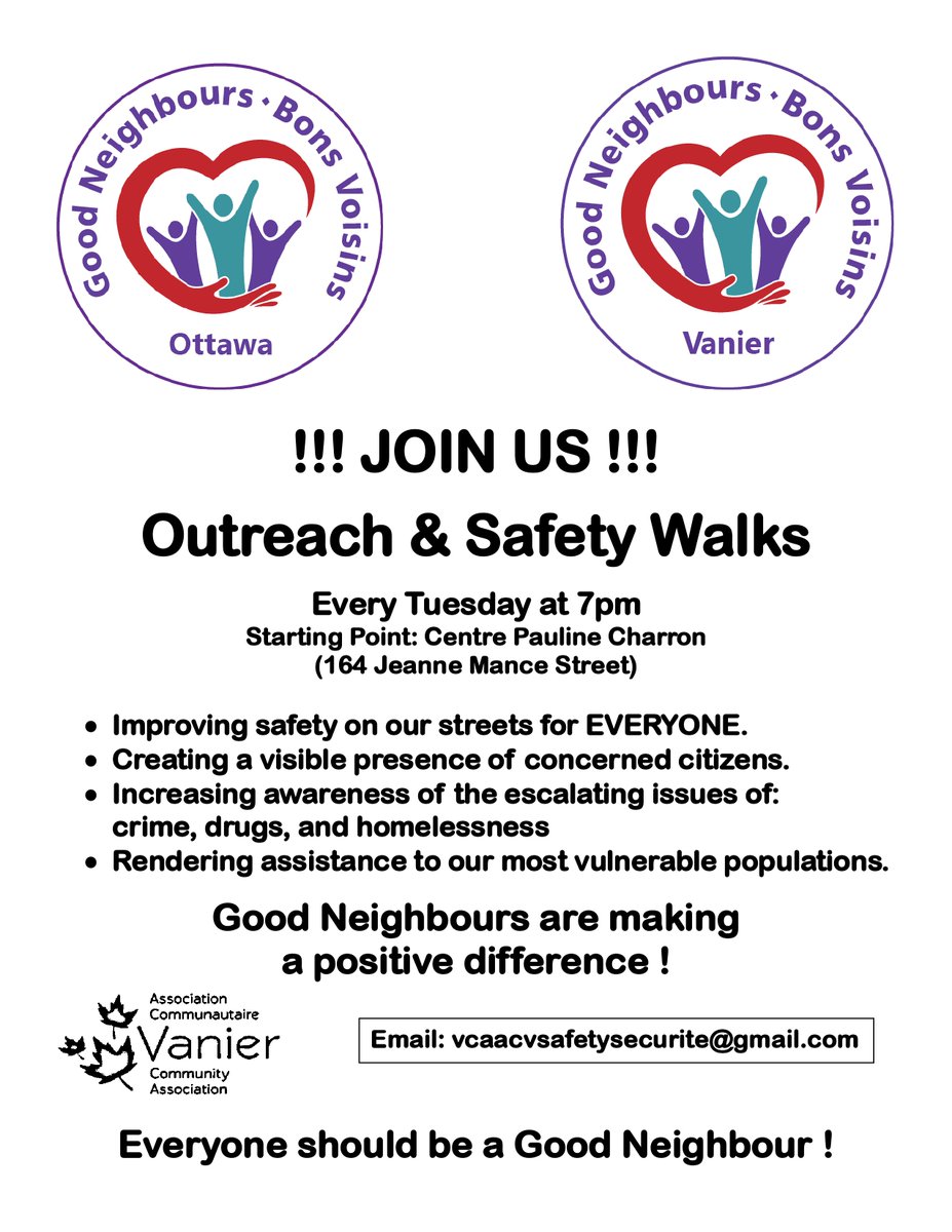 Good neighbours walk every Tuesday at 7pm! Come make a difference in your neighbourhood!
Les Bons Voisins font une différence positive ! Rejoignez nous tous les mardis à 19H!
