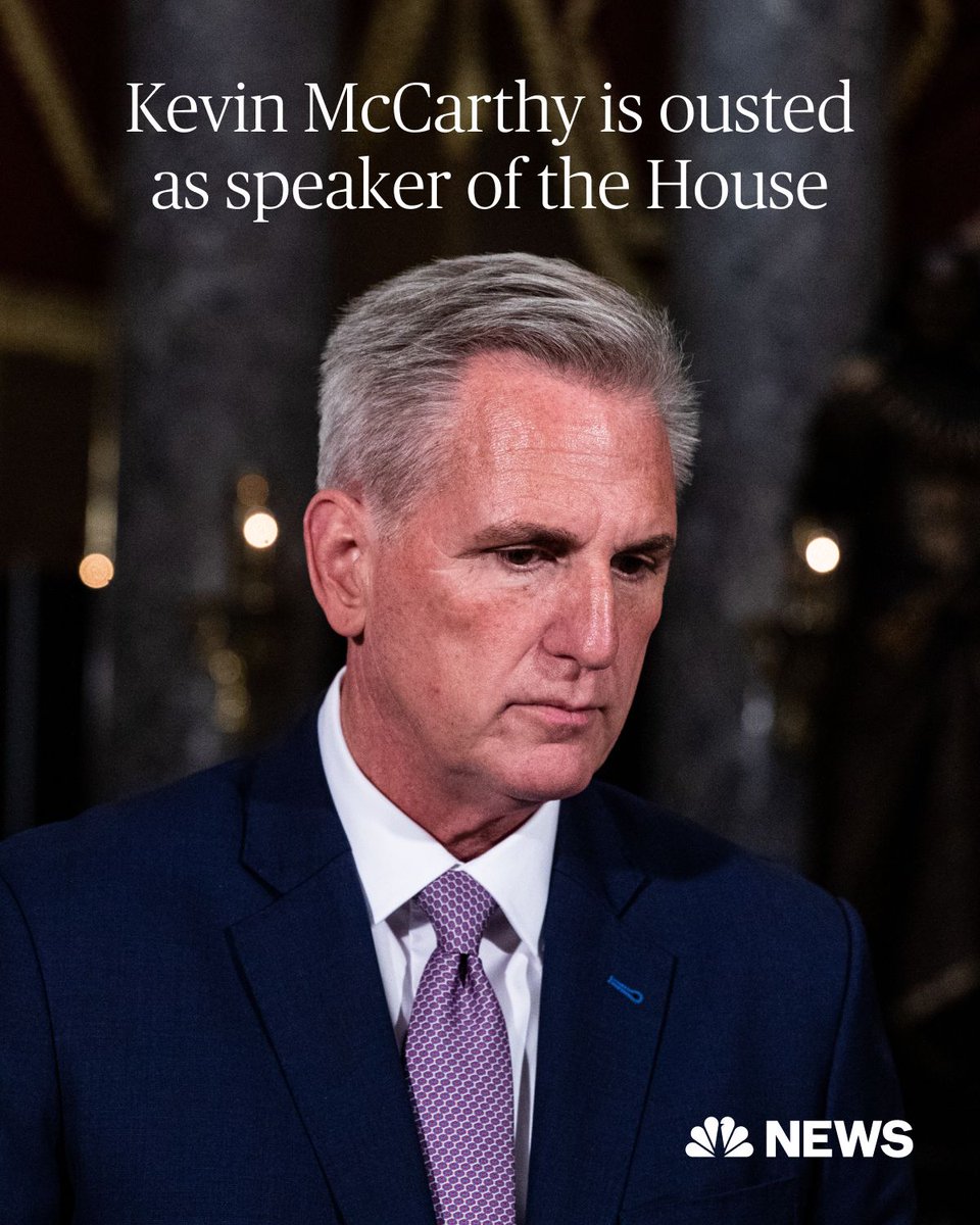 NBCNews's tweet image. BREAKING: Speaker Kevin McCarthy is ousted in a vote pushed by conservatives, marking the first time in U.S. history that a speaker has been voted out of office. nbcnews.app.link/QWJu8SAyBDb