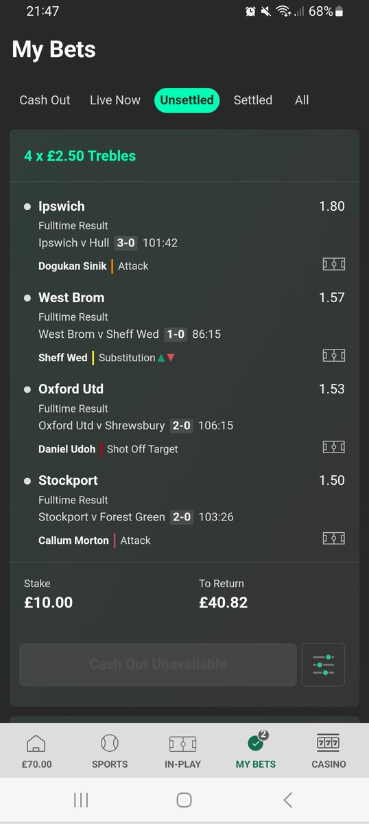 andydmaiden's tweet photo. @bet365 what is going on? 3 of these matches are done. Cash out removed. Totally at it. https://t.co/EroKXiWP7q