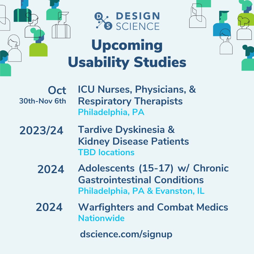 designscience's tweet image. We&apos;re announcing our upcoming studies! See one that you or a loved one may qualify for but you&apos;re unsure? Reach out, and our team can help you determine whether you qualify to assist us with improving the medical technology people use every day! #usabilitystartshere