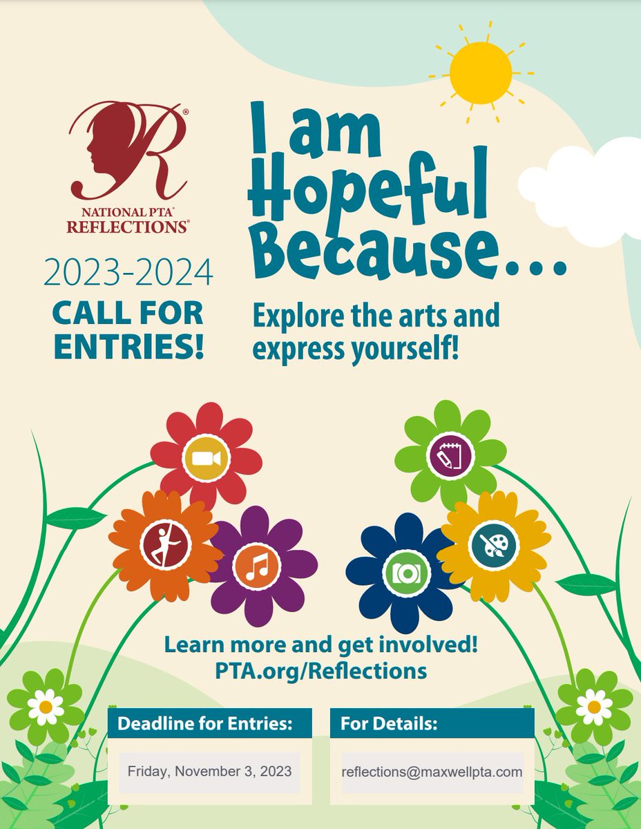 MaxwellPTA's tweet photo. We hope you'll encourage your students to enter this year's Reflections arts contest! The theme is "I am hopeful because..." The deadline for entries is Friday, November 3. Watch this short video (https://t.co/px3BHv8dow) &amp; look out for more info on the contest after Fall Break! https://t.co/cJNj3DJl1M