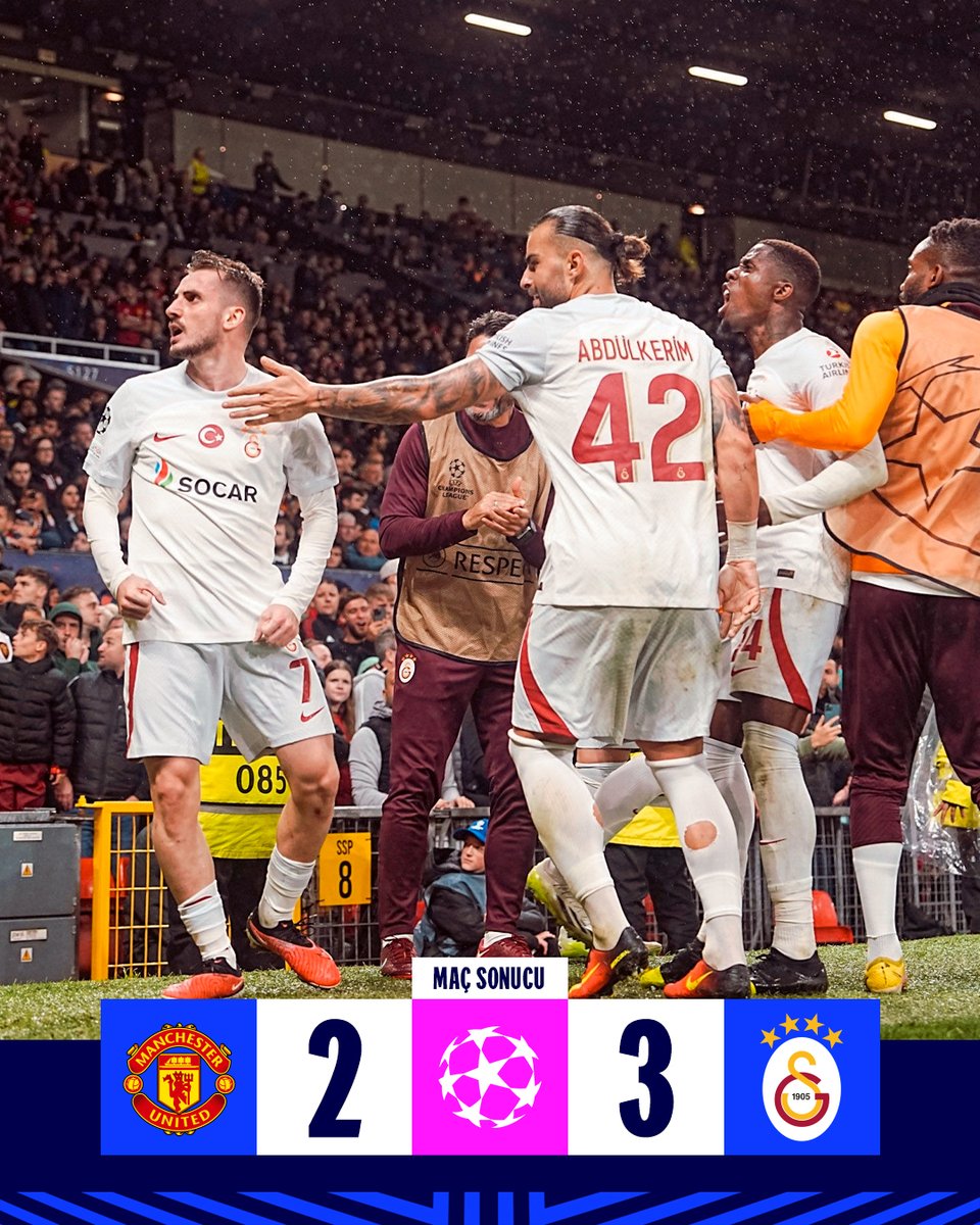 Düşler Sahnesi'nde başrol GALATASARAYIMIZIN! 🙌 Maç sonucu: Manchester United 2-3 Galatasaray 💪 #MUNvGS #UCL #WeAreTheBestGALATASARAY 😎