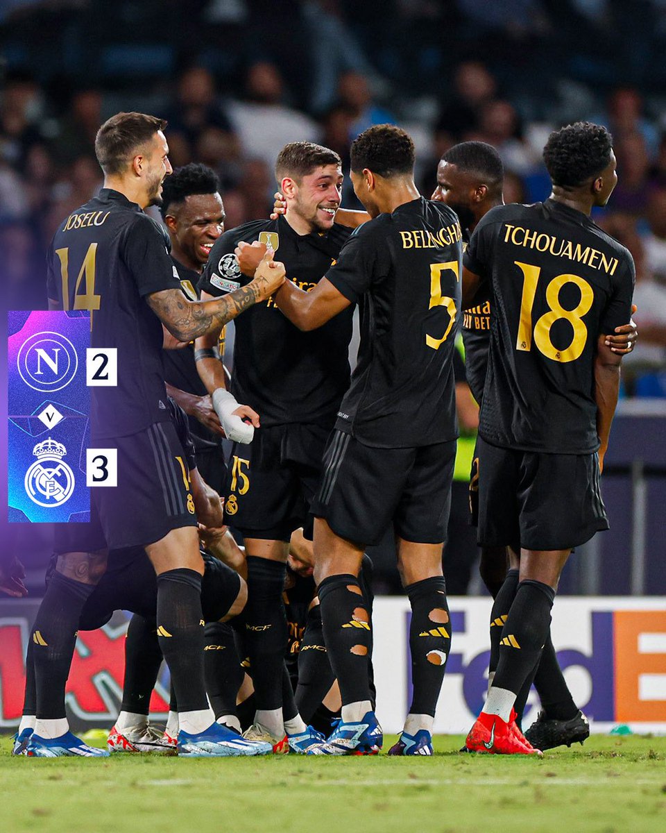 SeputarMadrid's tweet photo. Waktu penuh di Stadio Diego Armando Maradona!!! 🏁

Pertandingan yang seru!

Napoli 🔵 2–3 ⚫️ Real Madrid (Østigård 19', Zieliński 54' (p); Viní Jr. 27', Bellingham 34', Alex Meret 78' (og)). #UCL

Siapa MOTM pilihan netizen? 🤔 https://t.co/tP0I746NaX