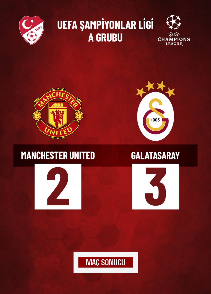 UEFA Şampiyonlar Ligi A Grubu'nda mücadele eden temsilcimiz Galatasaray, grubundaki ikinci maçında İngiltere temsilcisi Manchester United’ı 3-2 mağlup etti.