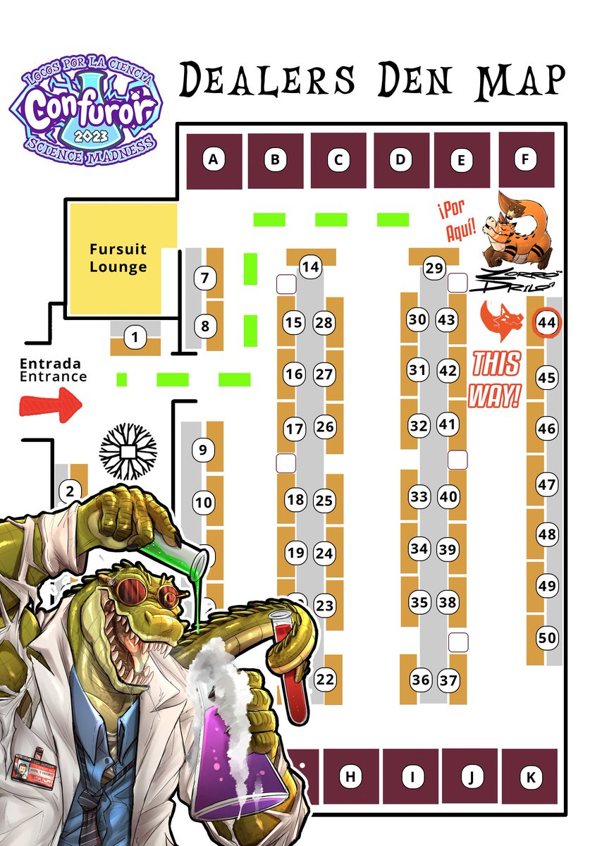 ZorroDrilo_UC's tweet image. Nos vemos en #Confuror 2023!
Hola todxs peludos! Les compartimos el mapa del Dealer's Den donde estaremos ubicados en la mesa 44 del evento que formará parte en el Hotel Barceló Guadalajara del 19 al 22 de Octubre!
Estamos muy emocionados de atenderlos, será nuestra 1er conve!