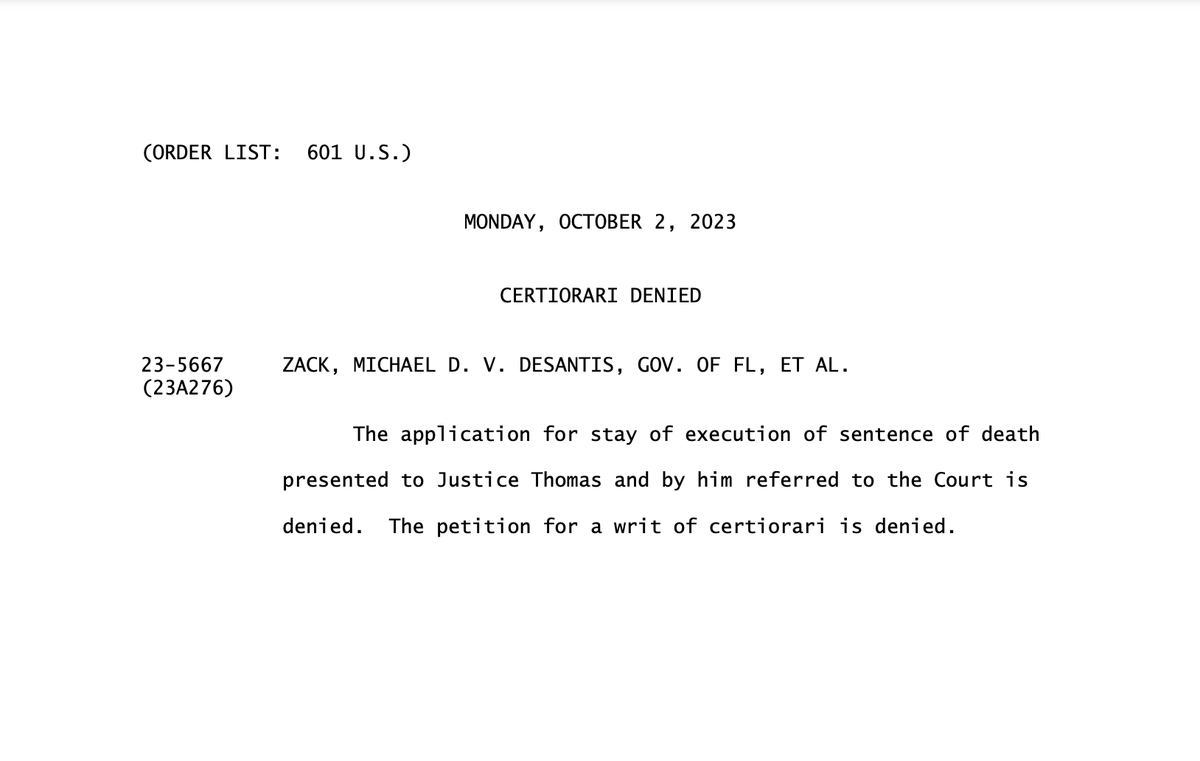 RDunhamDP's tweet photo. Florida is preparing to execute Michael Zack at 6:00 p.m. Eastern time today. SCOTUS has denied his two cert petitions asking the Court to review his case and has denied his applications to stay his execution. @FLDeathPenalty @FADPorg https://t.co/b9jw98hNAB