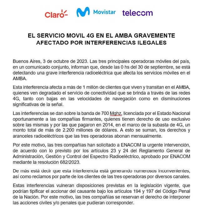 Los principales operadores de 4G en #Argentina, <a href="/ClaroArgentina/">Claro Argentina</a>, <a href="/MovistarArg/">Movistar Argentina</a> y <a href="/PersonalAr/">Personal Argentina</a>,   emitieron un comunicado conjunto y exigen la urgente intervención del <a href="/ENACOMArgentina/">ENACOM</a>. #URGENTE