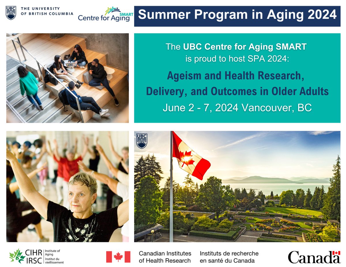 🌟 Thrilled to announce that we'll be hosting the prestigious CIHR Summer Program in Aging 2024 from June 2-7 in beautiful Vancouver at UBC! Save the date📆Applications open soon! Explore the program here: agingsmart.ca/cihr-summer-pr… #CIHRSPA2024 @CIHR_IA