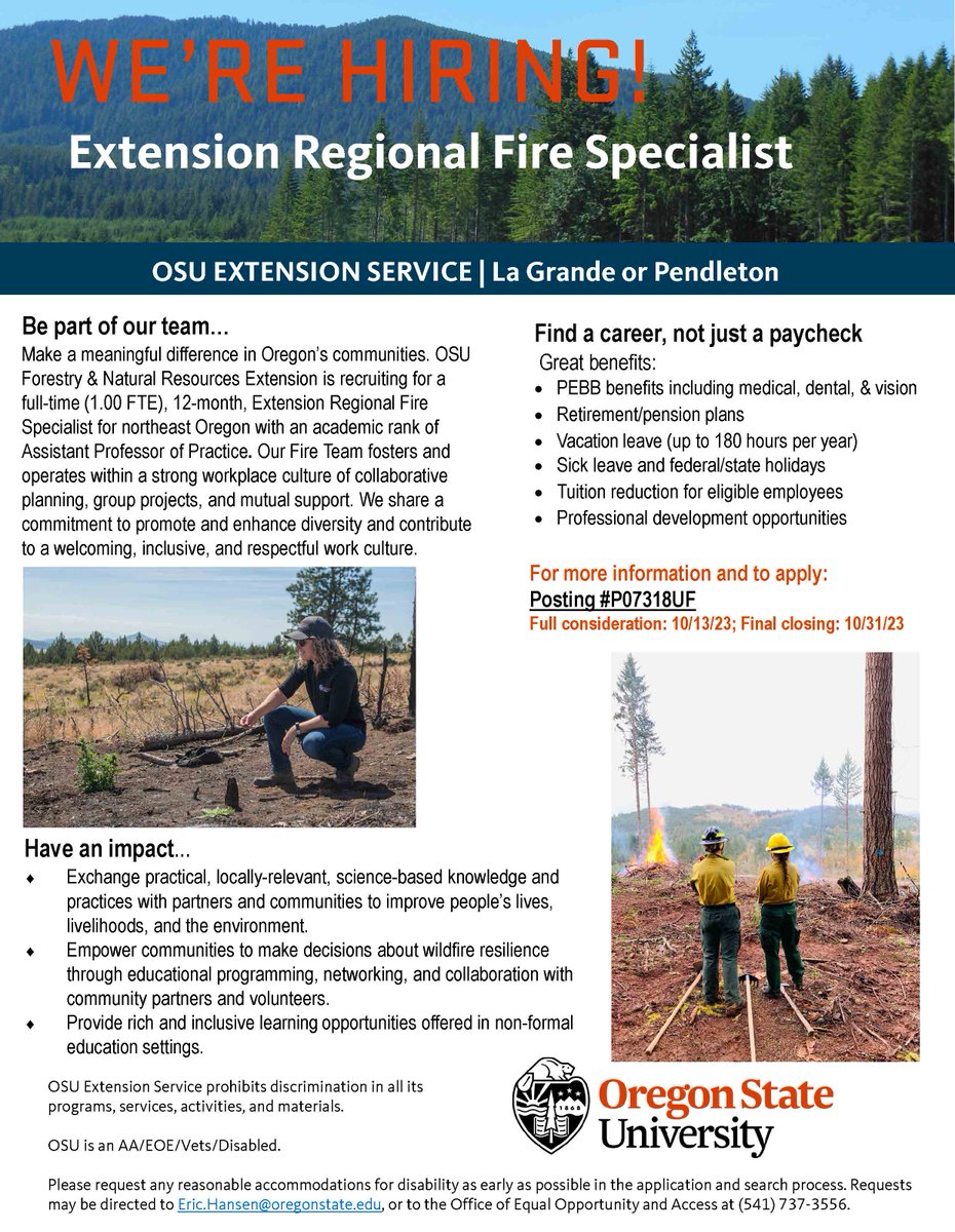 Especially cool position alert: Regional Fire Specialist w/ @OSUFireProgram. Located in La Grande or Pendleton, OR; full-time, fixed term, Asst. Prof. of Practice position. Full consideration 10/13, Closes 10/31. Posting and application portal: jobs.oregonstate.edu/postings/143980