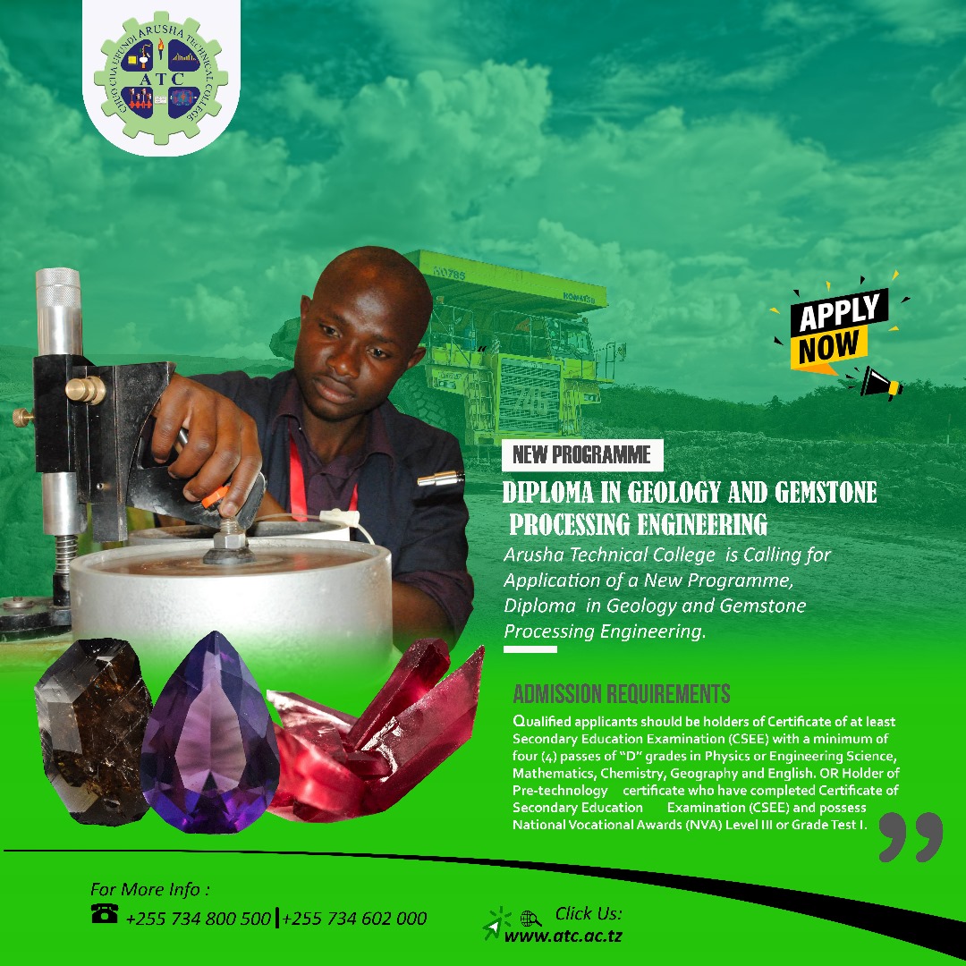 New Diploma Programme

Geology and Gemstone Processing Engineering

#newcourses 
#geology 
#gemstoneearrings 
#arusha_technical_college 
#chuo_cha_ufundi_arusha 
#skills_make_the_difference 
@officialsoateco