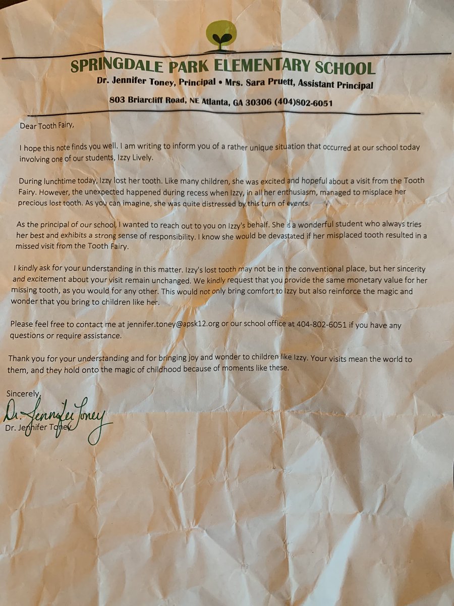 LauraMLively's tweet photo. Best.Principal.Ever Not only did @drjtoney send me TWO pictures of my toothless cutie but when Isabel lost the tooth at recess, she wrote a personalized letter to the tooth fairy #gottagetthatmoney @springdaleparkatl https://t.co/Z7yfDAMtFi