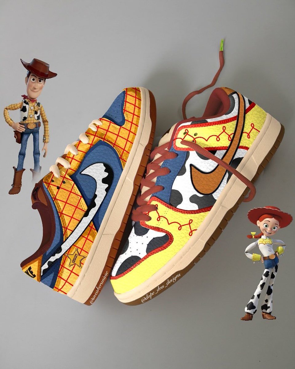 Toy Story x Nike SB Dunk Low "Woody &amp; Jessie" 🤠 🐎 

📸 IG: dope_don_designs; sneakeranime