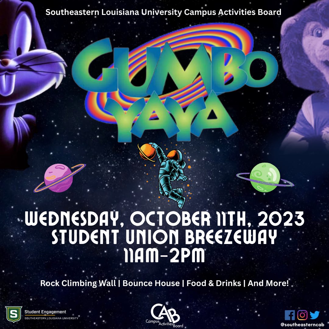 Join us October 11th from 11am-2pm for Gumbo YaYa in the Student Union Breezeway!🏀This will be one our biggest events yet! You don’t want to miss it!🪐