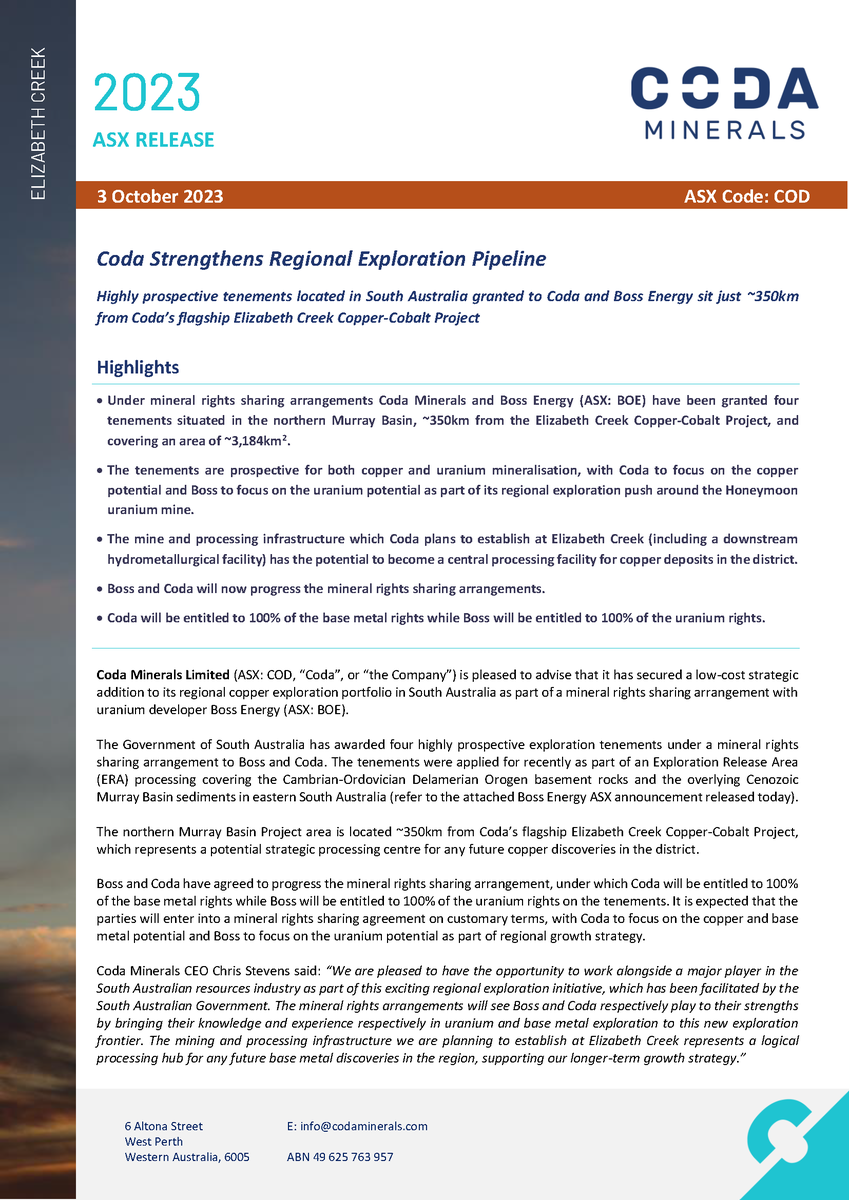 CodaMinerals's tweet photo. ASX Announcement: Coda Strengthens Regional Exploration Pipeline  

Read full announcement here https://t.co/PCK2oOUkpl

$COD #CodaMinerals #mining #miningaus #copper #stockmarket #investors #asxmarket #exploration https://t.co/HQe0EAzdLM