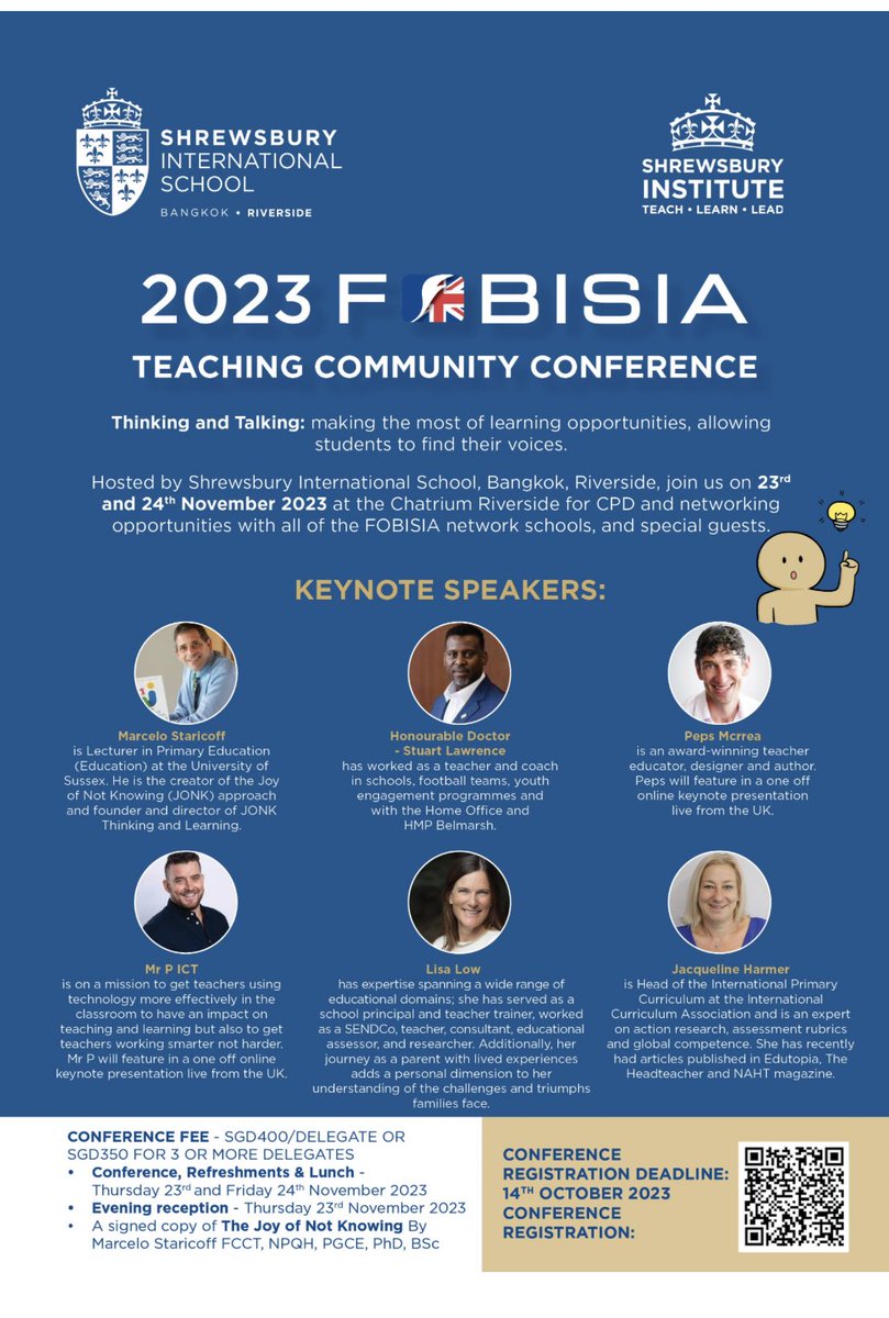 📣 What a line up! <a href="/SHBriverside/">Shrewsbury Riverside</a> and <a href="/FOBISIA1/">FOBISIA</a> are delighted to confirm 6 #speakers for the biannual #Teaching #Community #Conference in Nov. To 🎉 our schools 20th year, we have opened #signup to selected non FOBISIA schools. <a href="/PepsMccrea/">Peps</a> <a href="/MStaricoff/">Marcelo Staricoff FCCT, NPQH, PhD</a> <a href="/sal2nd/">Dr Stuart Lawrence Official</a> <a href="/ICT_MrP/">Mr P MBE</a> <a href="/The_IPC/">IPC</a>