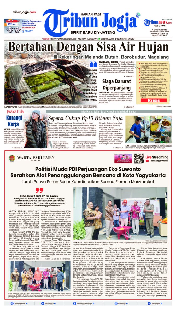 tribunjogja's tweet photo. Tribun Jogja edisi Rabu, 4 Oktober 2023.
#musimkering #kemarau https://t.co/S5wCTP4Rpt