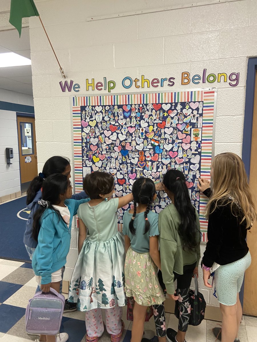 GallimoreKids's tweet photo. Ms. Gennaoui worked with classes to create this board focused on belonging. Students drew themselves, including details about what makes them unique and then they filled a heart with one way that they contribute to a community of belonging. https://t.co/n3st4rKVn7