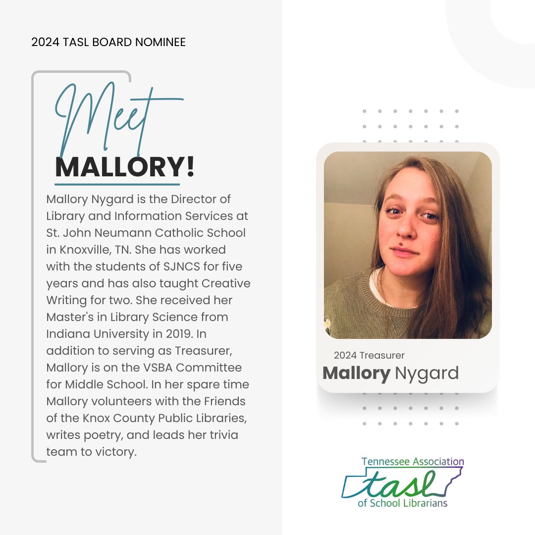 TASLTN's tweet photo. We are so thankful to Mallory Nygard who will serve as TASL's Treasurer again in 2024 (it's a two-year term)! #TASL2024 🎉 https://t.co/yBZetI9C5N