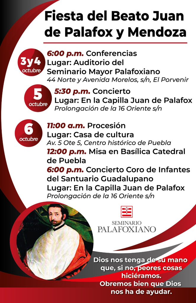 Con mucha alegría compartimos con ustedes nuestro itinerario para celebrar a nuestro Beato Juan de Palafox y Mendoza. 
Les esperemos, nos complacerá contar con su asistencia.
💙

#beatojuandepalafoxymendoza
#seminariopalafoxiano