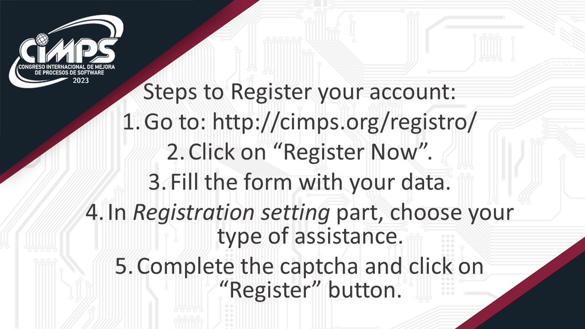 ConferenceCIMPS's tweet photo. ¡Aún estás a tiempo de unirte al  CIMPS 2023! Si no has completado tu registro, aquí te indicamos cómo hacerlo en pocos pasos 💡

Ve a: https://t.co/Zre2Oz9jAF

¡No te pierdas esta oportunidad de aprender y conectar con expertos en el campo! https://t.co/M5XopLevJ6