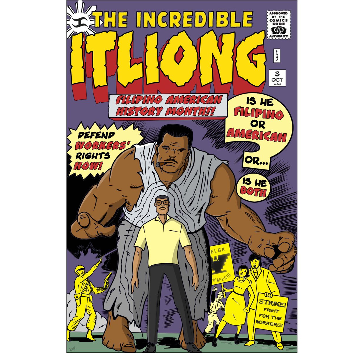 artofthecartoon's tweet photo. The Incredible Itliong/ Makibaka. Head over to the Annual Emeryville Art Exhibition and see these 2 comic book cover homages on display. #art #illustration #filipino #comics #comicbookcovers #homage #emeryvilleartexhibition #larryitliong #makibaka #filipinoamericanhistorymonth https://t.co/I8B5ceBX1V
