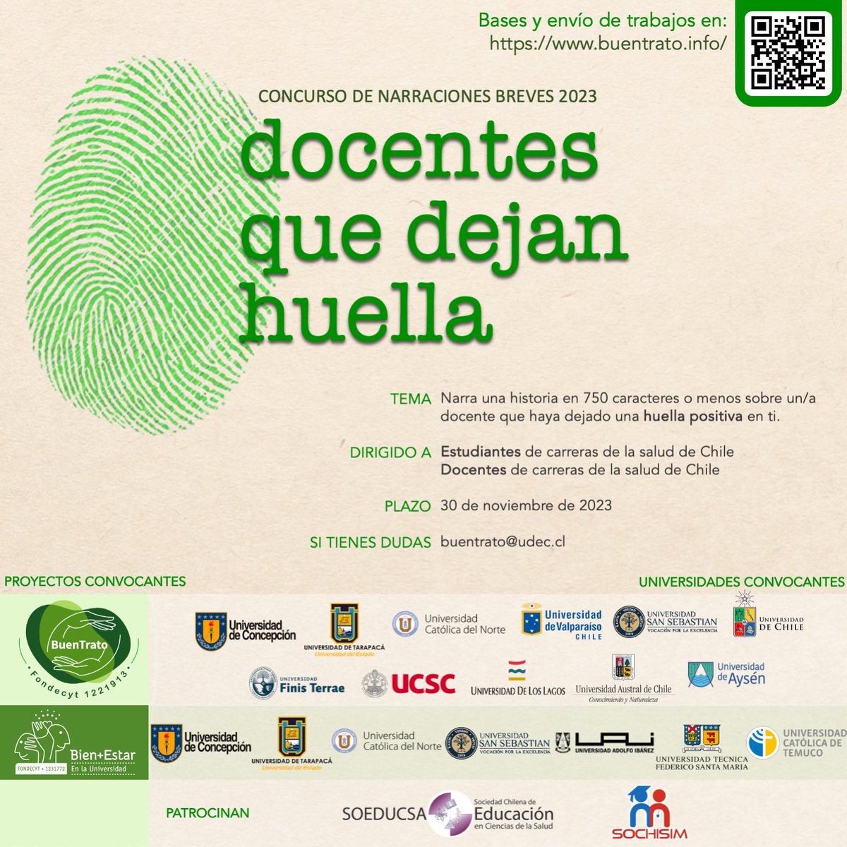 ¡Te invitamos a participar en el concurso de narraciones breves 2023 "Docentes que dejan huella!

Buscamos destacar las prácticas del buen trato en la universidad y cómo mejoran la formación y la vida de todas personas.

Más info: buentrato.info

¡Difunde y participa!