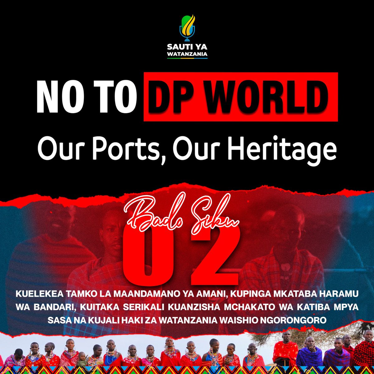 SautiWatanzania's tweet photo. Bado siku 2 kuelekea Tamko la Maaandamano ya Amani, Kupinga Mkataba wa bandari, mikataba yote iweke wazi na Kuitaka serikali Kuanzisha Mchakato wa Katiba Mpya Sasa. #NoToDpWorld #KatibaMpyaSasa #StopMasaiEviction
Kusaidia harakati hii, retweet. Tutatuma count down kila siku. https://t.co/XDRORlDq51