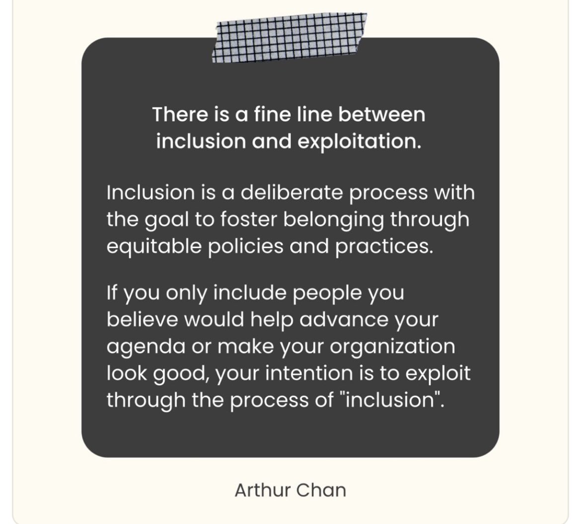 BenjaminTenesia's tweet image. True inclusion is transformative. Agendas, policies, procedures, practices that don’t eliminate discriminatory, exclusionary or oppressive systems are simply performative ~#Exploitative. This is true for self identified allies who are far fr being supportive of anti-racist agenda
