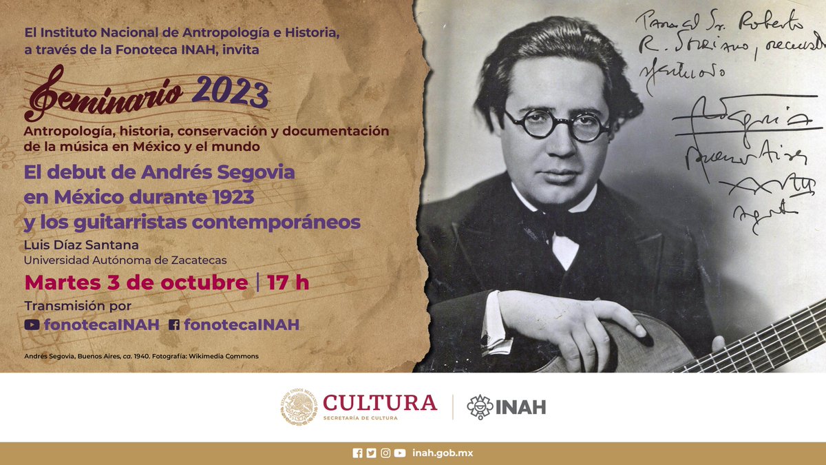 #FonotecaINAHinvita Hoy tenemos seminario en donde se abordará la obra del gran virtuoso de la guitarra, el Maestro Andrés Segovia. Te esperamos a las 17:00 horas en los sitios virtuales de siempre: facebook.com/Fonoteca-INAH-… y facebook.com/Fonoteca-INAH-…