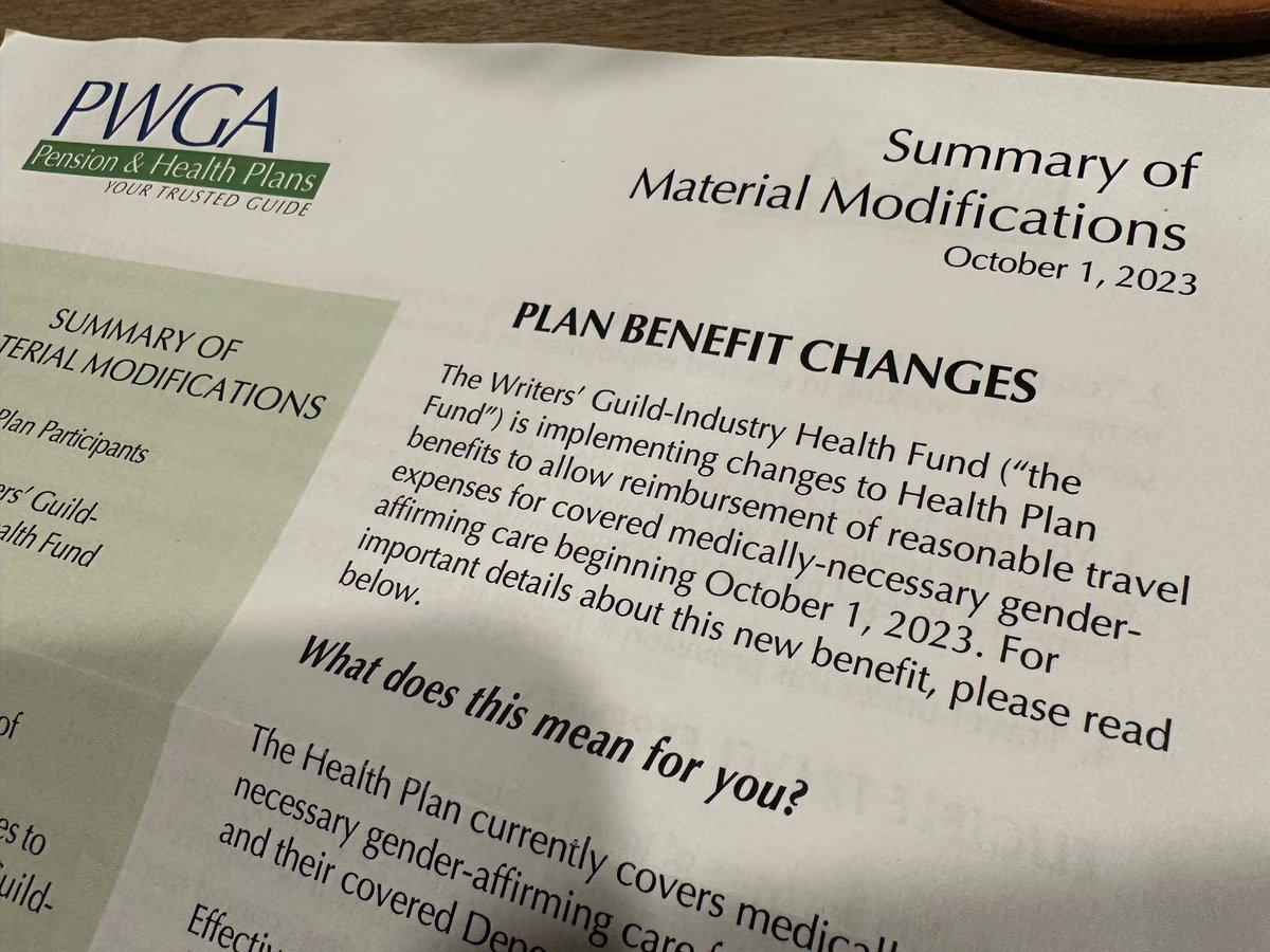 flying_lobster's tweet image. I get these notices often in the mail and hardly pay attention but this one! The WGA health plan now covers travel expenses for gender-affirming care. ❤️⚕️🏳️‍⚧️