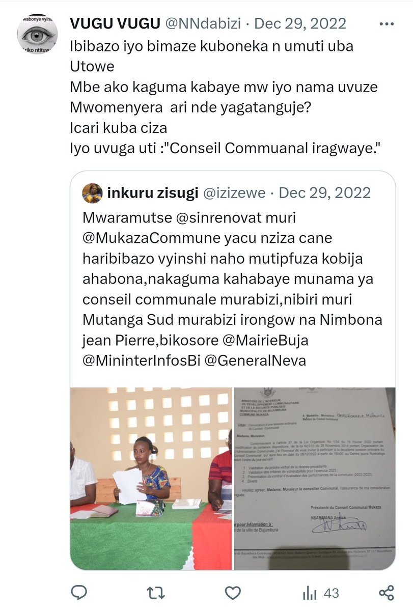 KUF_ASBL's tweet photo. 11.Le 03/01/2023,uwitwa @yigenga yari yakoze amakuru avuga ku nama y'iyo @MukazaC yariko iraba le 30/12/2023 ariko ntiyahera kubera #ibitutsi vyarimwo....aha nyene ya compte VUGU VUGU yaciye ibwira nabi @yigenga:ko ataco ajejwe,adakwiye #gukontorora ivy'iyo commune....be n'abandi https://t.co/66sdplRUms