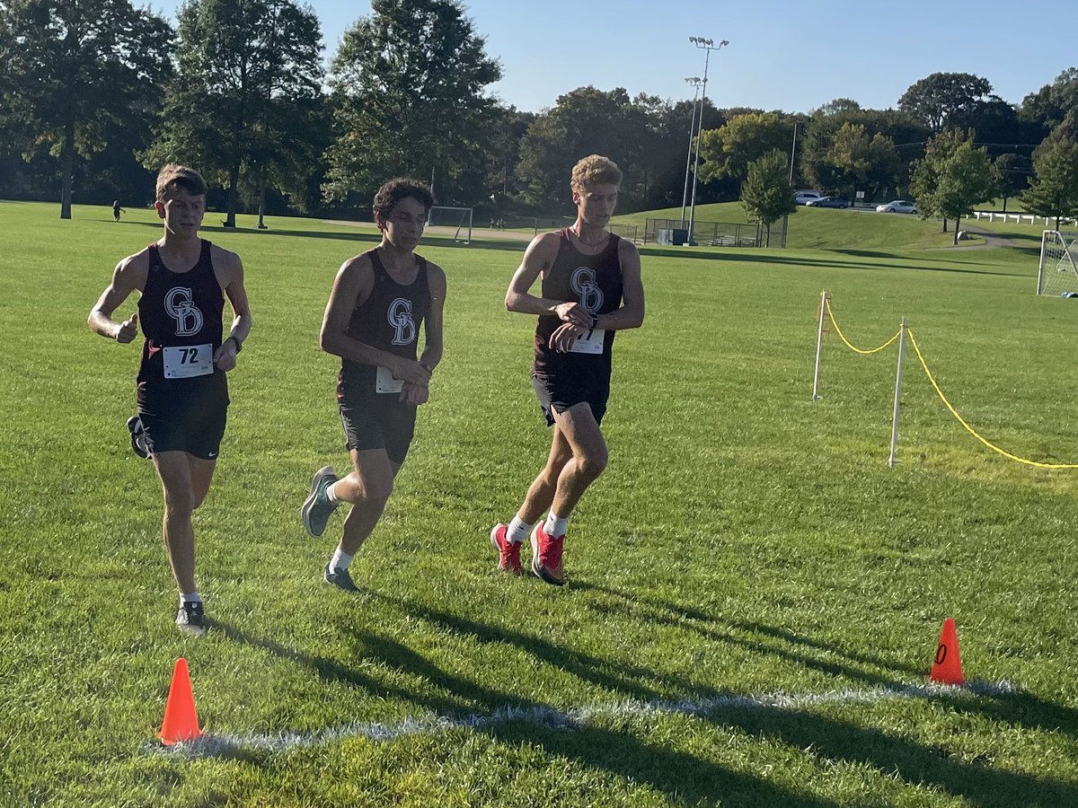 Greyson Duane, Neil Aradhya and Zak Metzger (pictured left to right) all cross the line 1st in 17:15 as the boys get the win vs. Marlborough and hit the first team goal = undefeated dual meet season. <a href="/GDBoosters/">GD Athletic Boosters</a> <a href="/GrotonDunstable/">GD athletics </a> <a href="/GrotonChannel/">The Groton Channel</a> <a href="/RunGraniteState/">GSRC</a> <a href="/LowellSunSports/">Lowell Sun Sports</a>