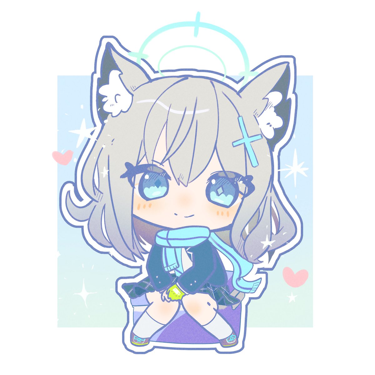 shiroko (blue archive) 1girl animal ears solo chibi scarf grey hair blue eyes  illustration images