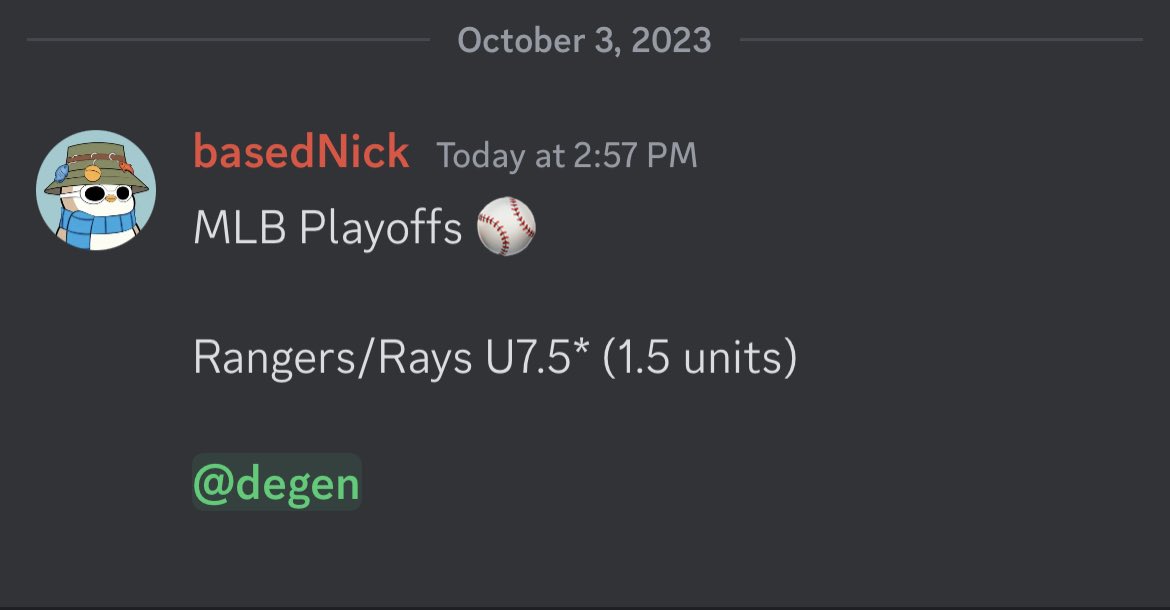 DegenXBets's tweet photo. MLB Playoffs Play of the Day cash 💰 🚨 

Discord members just cashed on our first POTD of the MLB Playoffs 🔥 

Posting plays for the two night games in the discord! Tap in below! 👇🏼 

https://t.co/eHpJDoH5Sk

#GamblingTwitter
#GamblingX
#MLBPlayoffs https://t.co/hcqGuYm6Ko