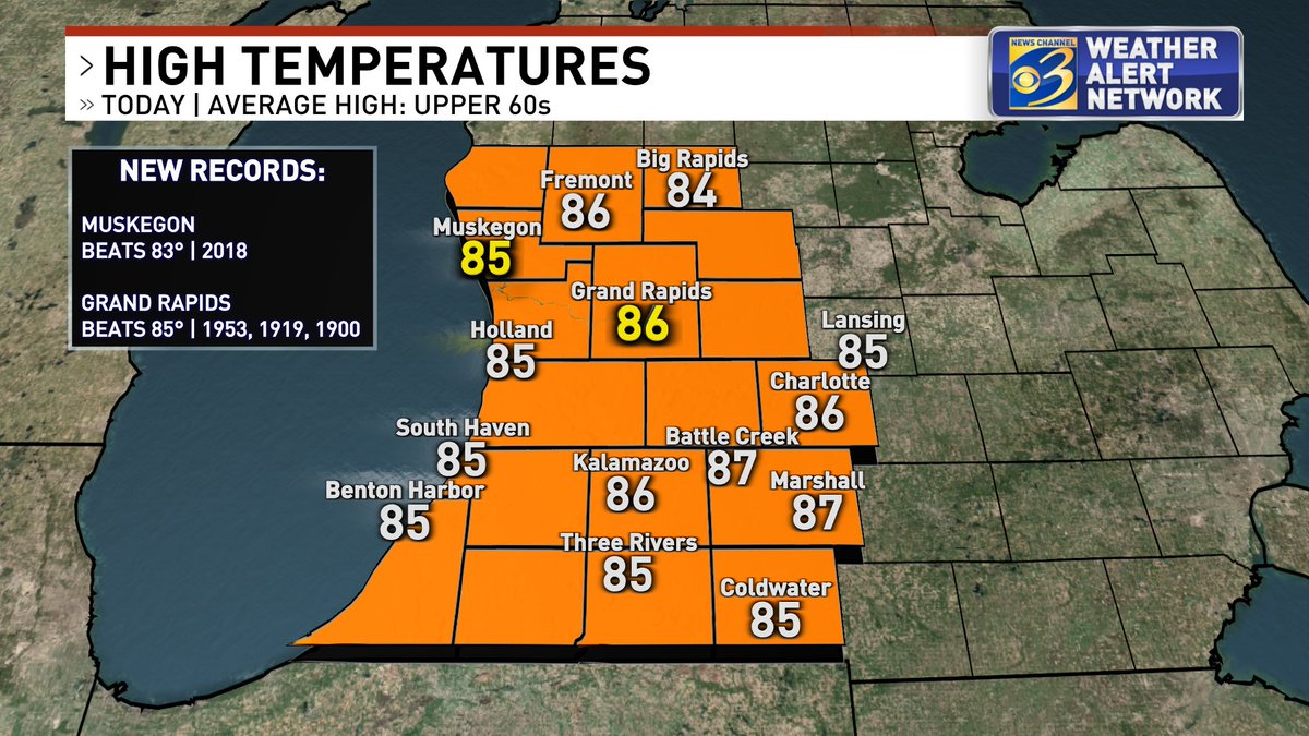 WillWWMT's tweet image. Two new records today - one in Muskegon and the other in Grand Rapids. Most others came within one or two degrees of tying or setting additional records. #MIwx #wmiwx