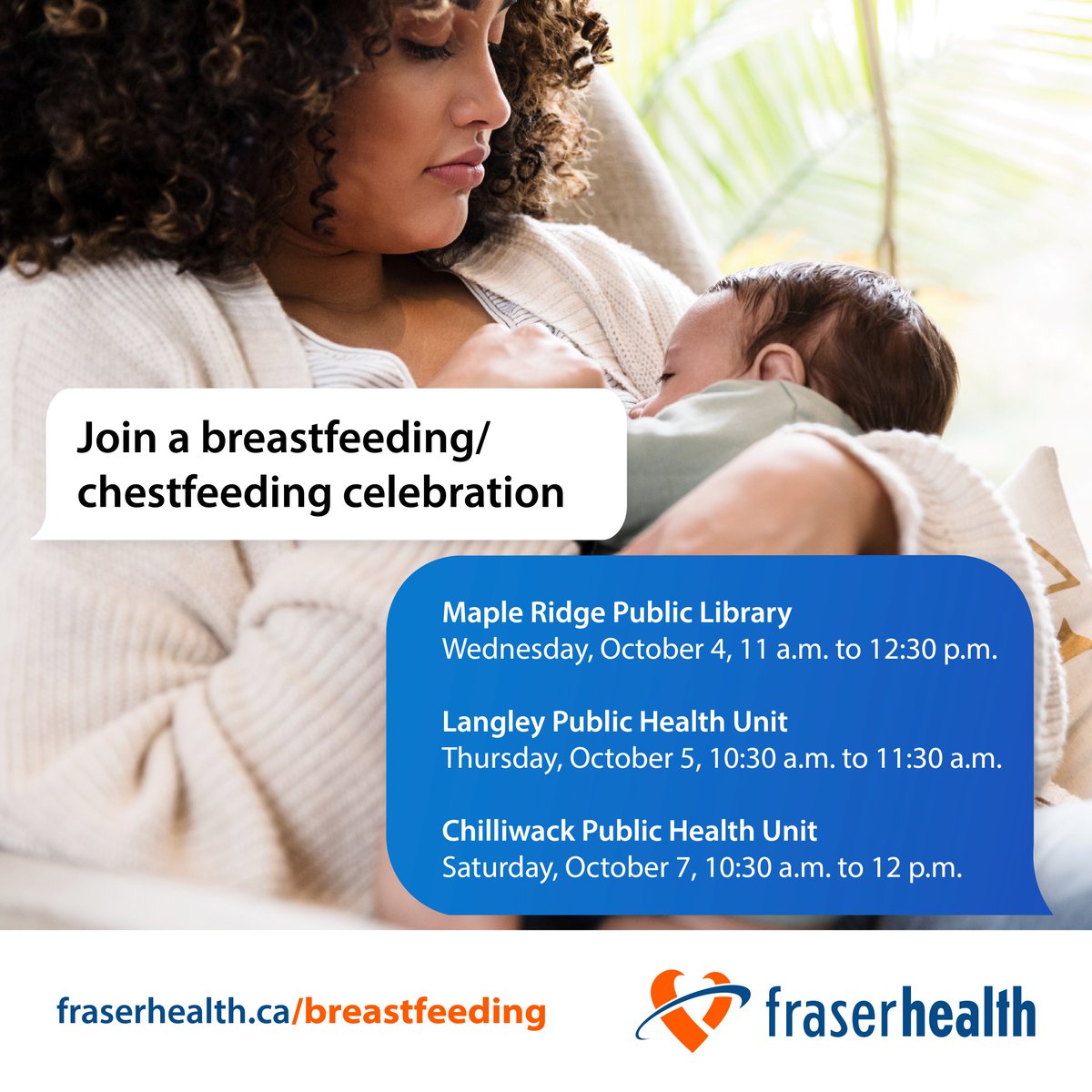 This week, join one of our breastfeeding/chestfeeding week celebrations taking place in Maple Ridge, Langley and Chilliwack. 
 
Enjoy story time and mingle with other breastfeeding/chestfeeding families. All family members are welcome. 
 
Learn more: ow.ly/q1Rt50PSHPZ