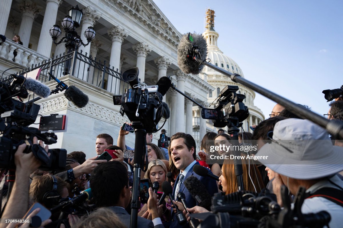 Republican Rep. #MattGaetz of Florida speaks to reporters outside the U.S. Capitol after successfully leading the ouster of Speaker of the House #KevinMcCarthy. It was the first time in U.S. history that a sitting Speaker was voted out of office. 📸: @drewangerer