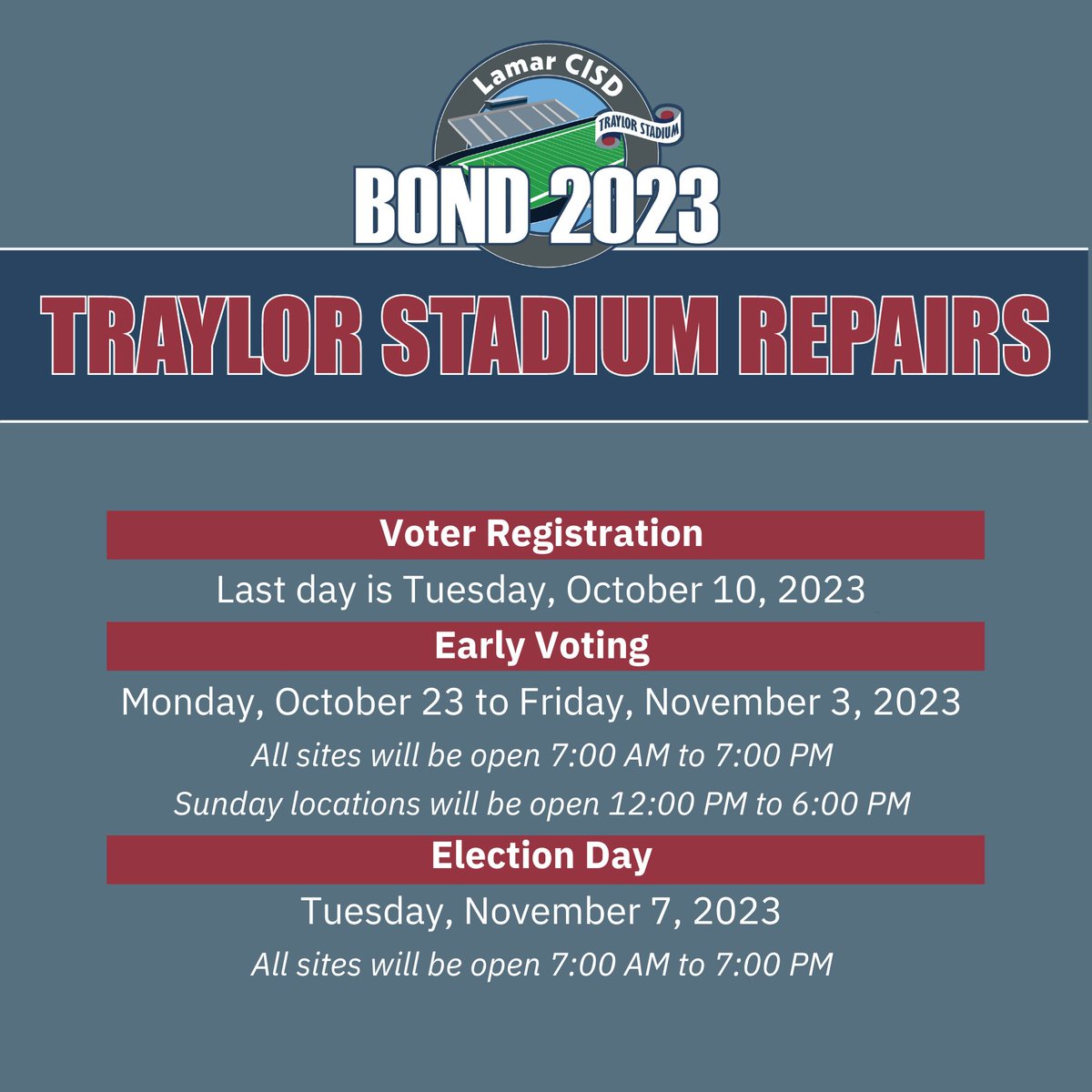 LamarCISD's tweet photo. We are almost a month away from election day! Check out important dates and the scope of work needed. The community is invited to take part in the upcoming #TraylorBond election. ๐ณ
๐ https://t.co/HhLGbDOvbX
#TraylorStadium #BondElection #LamarCISDProud https://t.co/hWx3jhCUV0