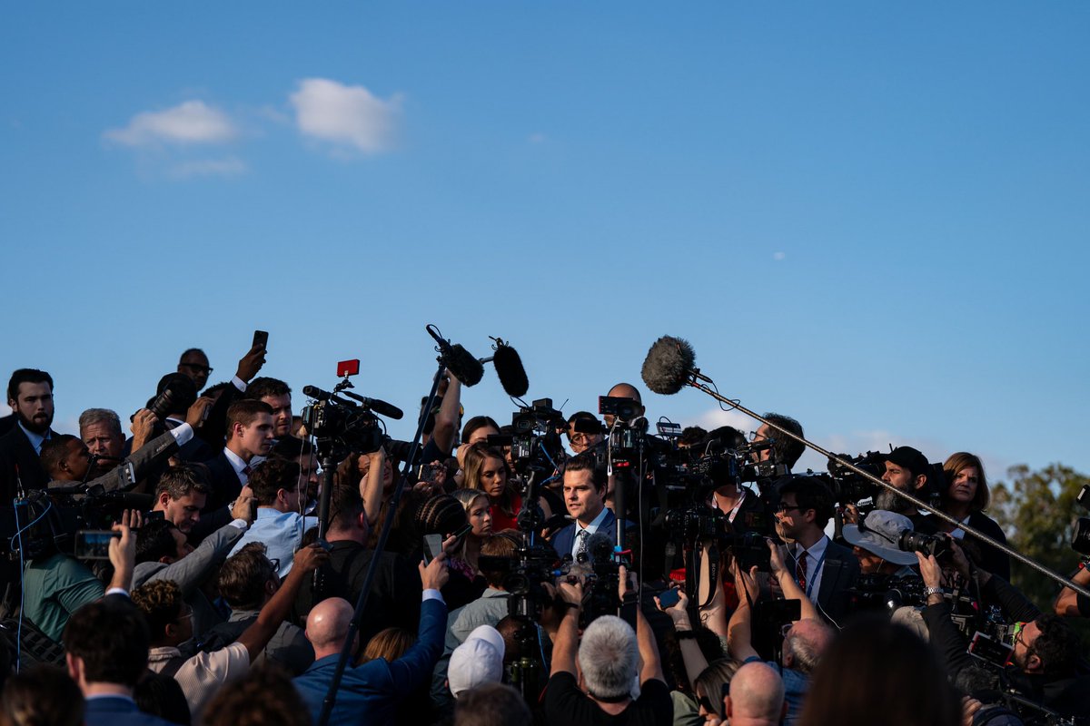 .<a href="/mattgaetz/">Matt Gaetz</a> speaks to reporters on the steps of the house following the ouster of Kevin McCarthy as Speaker of the House. (📷 for <a href="/nytimes/">The New York Times</a>)