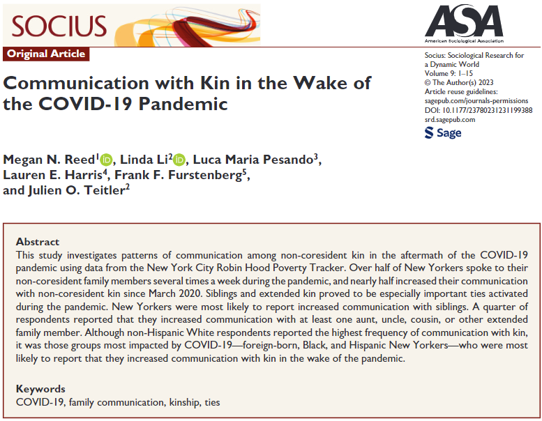 SociusJournal's tweet photo. NEW #OA article out now! - "Communication with Kin in the Wake of the COVID-19 Pandemic" by Megan N. Reed, Linda Li, @LucaMPesando, @lauren_e_harris, Frank F. Furstenberg, and Julien O. Teitler

https://t.co/3i1K72Hi2T

#openscience #soctwitter https://t.co/6IW5RmGriy